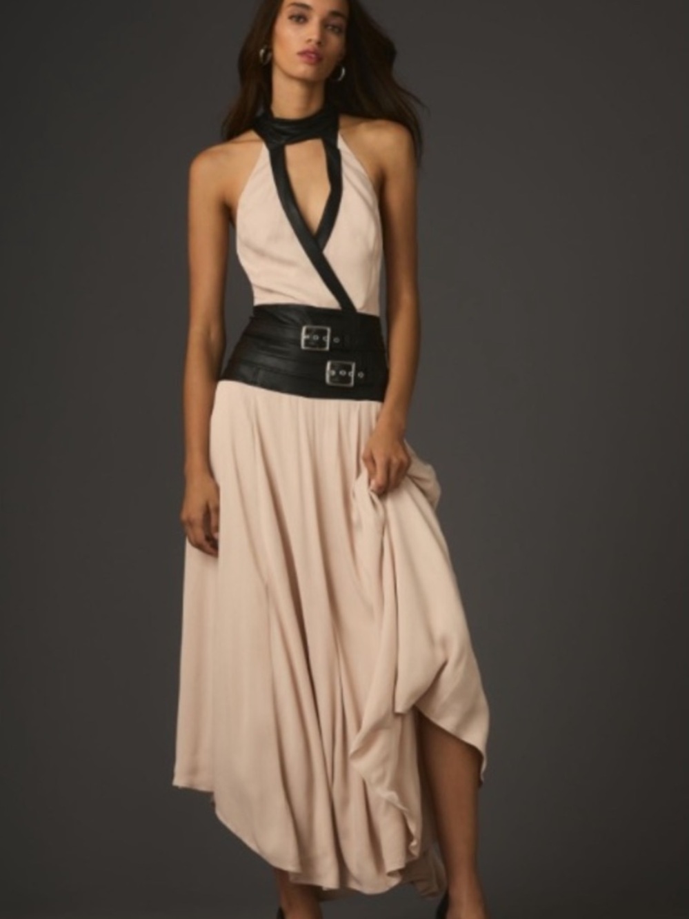 Maeve NWTs Anthropologie Draped Tie Neck Dress Faux black Leather Buckle size 4